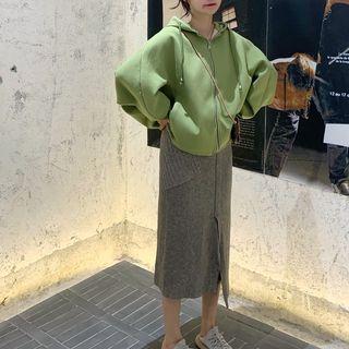 Long-sleeve Plain Hooded Jacket / High-waist Split Hem Knit Skirt