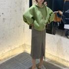 Long-sleeve Plain Hooded Jacket / High-waist Split Hem Knit Skirt