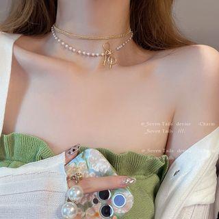 Layered Bead Necklace Pearl Necklace - One Size