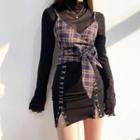 Turtleneck Long-sleeve Mesh Top / Plaid Camisole / Buttoned Mini Pencil Skirt