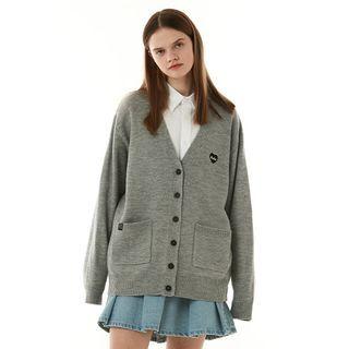 Heart-embroidered V-neck Cardigan Gray - One Size