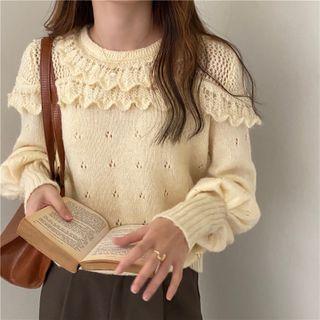 Frill Trim Pointelle Knit Sweater