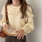 Frill Trim Pointelle Knit Sweater