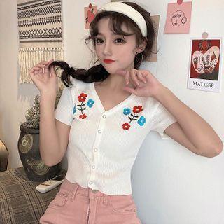 Flower Embroidered Short-sleeve Cropped Knit Top
