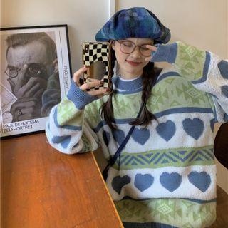 Heart Print Sweater Blue & Green - One Size