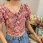 Short-sleeve Frill Trim Plaid Buttoned Cropped Top