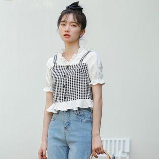 Mock Two-piece Puff-sleeve Plaid Blouse