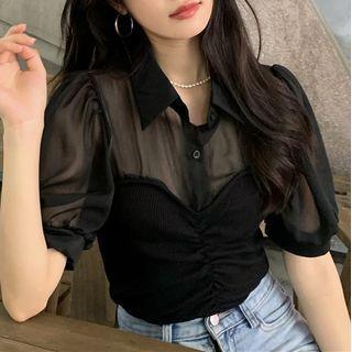 Mock Two-piece Puff-sleeve Shirred Shirt