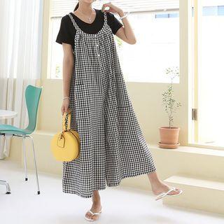 Sleeveless Gingham Culottes Jumpsuit Black - One Size