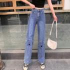 Mid Rise Embroidered Straight Leg Jeans