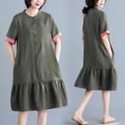 Contrast Trim Short-sleeve Shirt Dress Army Green - One Size