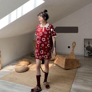 Short-sleeve Floral Knit Polo Shirt / Mini Skirt