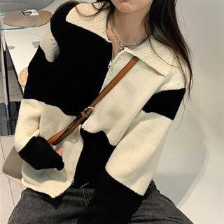 Checkered Zip Cardigan Beige & Black - One Size