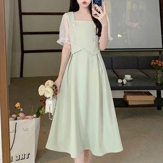 Short-sleeve Square-neck Mock Two-piece Dress