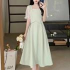 Short-sleeve Square-neck Mock Two-piece Dress