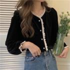 V-neck Lace Trim Button-up Long-sleeve Top Black - One Size