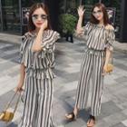 Set: Off-shoulder Elbow-sleeve Top + Wide Leg Pants