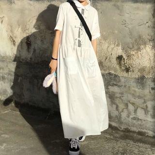 Short-sleeve Gingham Panel Midi A-line Dress