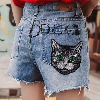 Ripped Cat Embroidered Denim Shorts