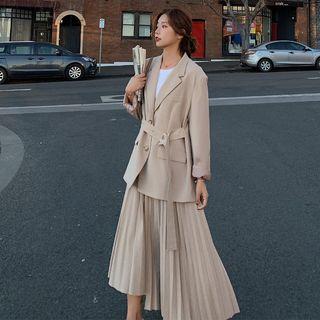 Set: Plain Blazer + Pleated Midi Skirt