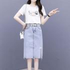 Set: Short-sleeve Printed T-shirt + Distressed A-line Denim Skirt