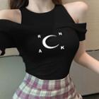 Mock Two-piece Cold-shoulder Crescent Print Cropped T-shirt