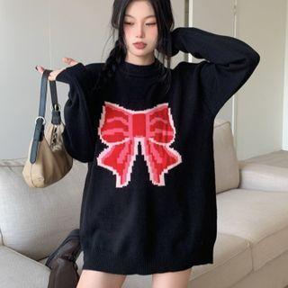Ribbon Print Sweater Red Bow - Black - One Size