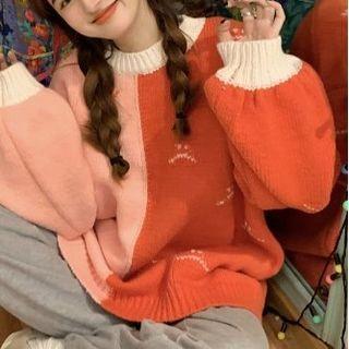 Two-tone Smiley Face Print Sweater Pink - One Size