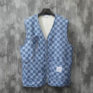Checkered Fleece-lined Zip-up Vest