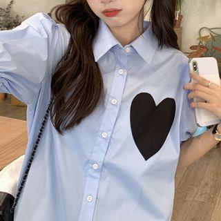 Short-sleeve Heart Print Shirt Blue - One Size