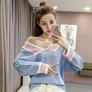 Color-block V-neck Long Sleeve Knit Top