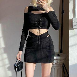 Long-sleeve Cold Shoulder Lace-up Knit Crop Top / Mini Skirt