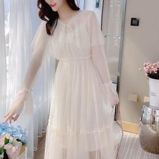 Star Sequined Long-sleeve Midi A-line Mesh Dress