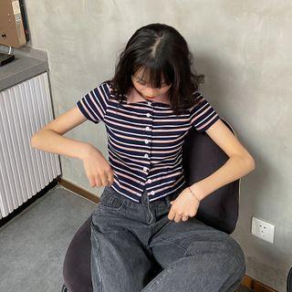 Short-sleeve Striped Button-up Top Stripes - Pink & Black - One Size