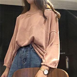 Plain Distressed Loose-fit Round-neck Knit Top