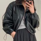 Faux Leather Dual-pocket Zip Cropped Jacket