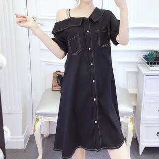 Elbow-sleeve Cold Shoulder Stitch Trim A-line Mini Dress