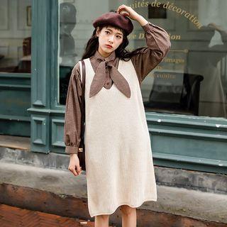 Set: Sleeveless Knit Dress + Tie Neck Shirt