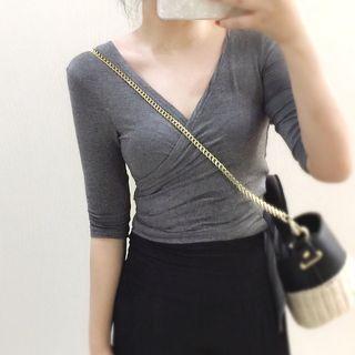 Elbow Sleeve V-neck Cropped Top