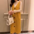 Set: Mock-neck Long-sleeve Knit Top + V-neck Jumper Dress