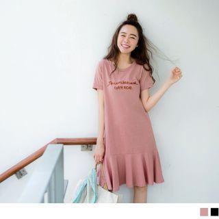 Short Sleeve Letter Embroidered Ruffled-hem A-line Dress