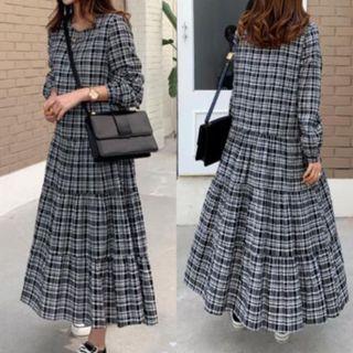 Plaid Print Long-sleeve Midi A-line Dress