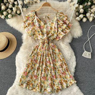 V-neck Floral Ruffle Sleeve Ruched A-line Dress