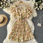 V-neck Floral Ruffle Sleeve Ruched A-line Dress