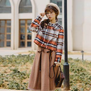 Set: Plaid Button Jacket + Midi A-line Skirt
