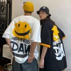 Elbow-sleeve Lettering Smiley Face Print T-shirt