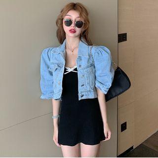 Puff-sleeve Denim Cropped Jacket / Spaghetti Strap Mini Sheath Dress