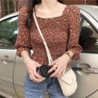 Square Neck Floral 3/4-sleeve Top