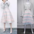 V-neck Sweater / Stripe A-line Midi Skirt