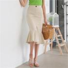 Banded-waist Slit-front Ruffled-hem Midi Skirt